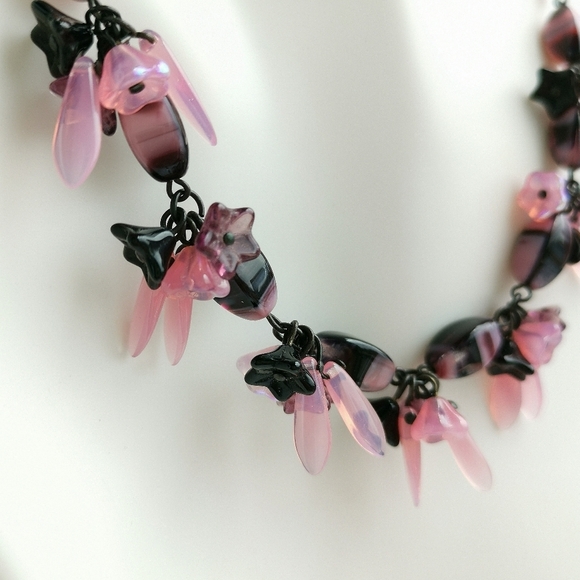 Vintage Czech Art Glass Beaded Necklace Pink Black - Picture 6 of 8